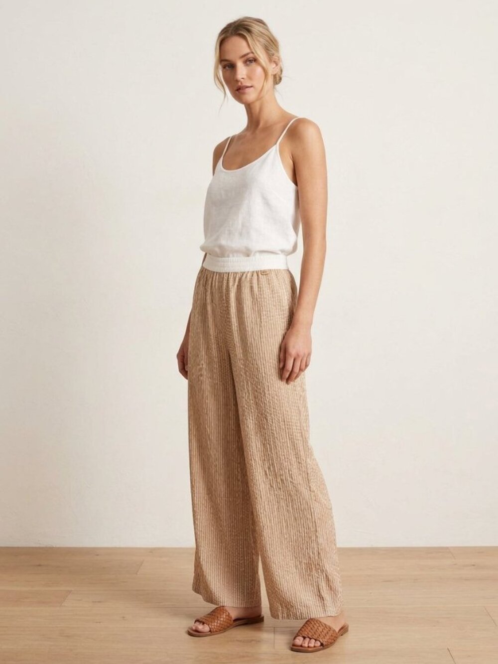Elan Wide Leg Pull-On Pants Tan White Stripe Rayon NWT Vacation Resort | XL
